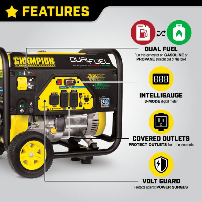 Champion Power Equipment 6250-Watt Dual Fuel Powered Portable Generator with Co Shield Technology
