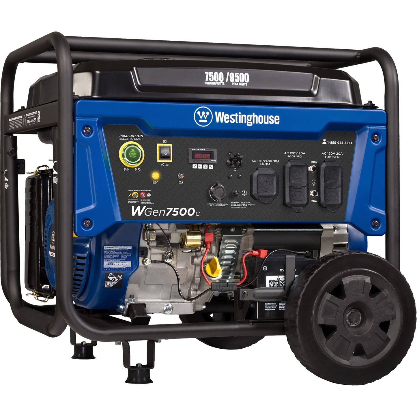 Westinghouse WGEN7500C 9,500/7,500-Watt GAS Powered Portable Generator with Remote Start, TRANSFER Switch Outlet and Co Sensor